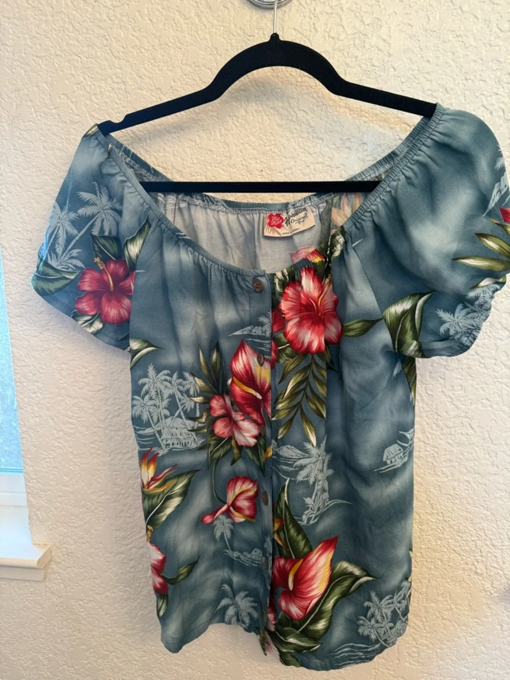 Hilo Hattie Hawaiian Tropical Blue Shoulder Blouse Vintage & Authentic Size XS - Picture 3 of 16